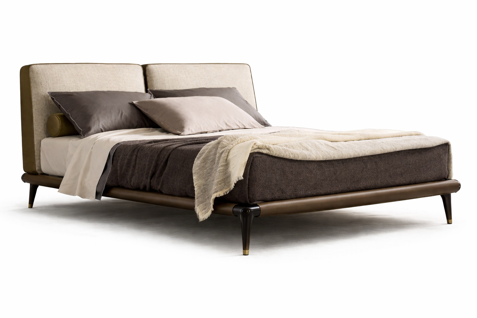 Modern Pine Wood Bed with Cotton Linen Upholstery | Luxury Bedroom Furniture